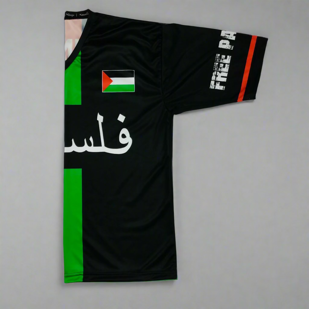 Black Palestine sports jersey with Palestinian flag and text on a white background