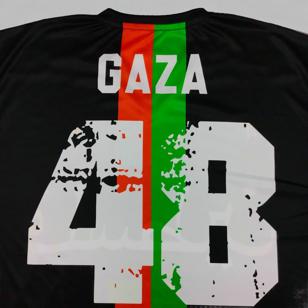 Black sports jersey with 'GAZA' and number '48' on a white background