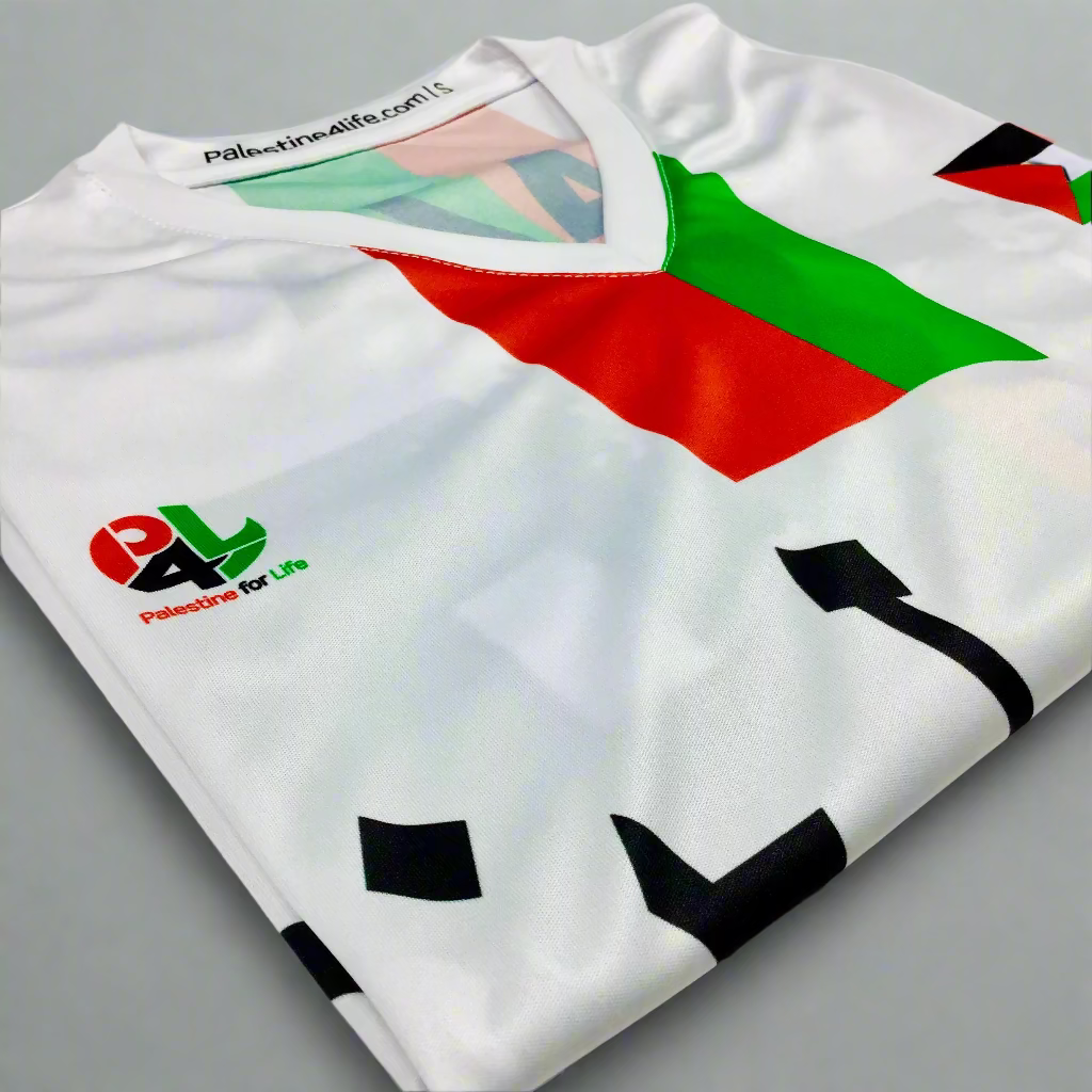 White Palestine jersey with red, green, and black design