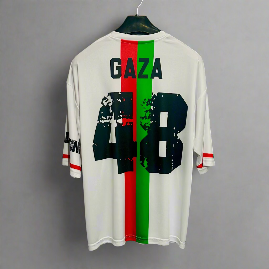 White Palestine shirt with 'Gaza' and number '43' printed