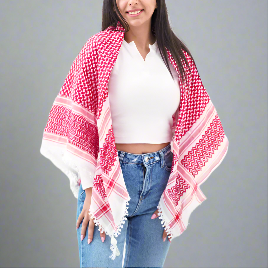 Woman wearing a red and white checkered scarf