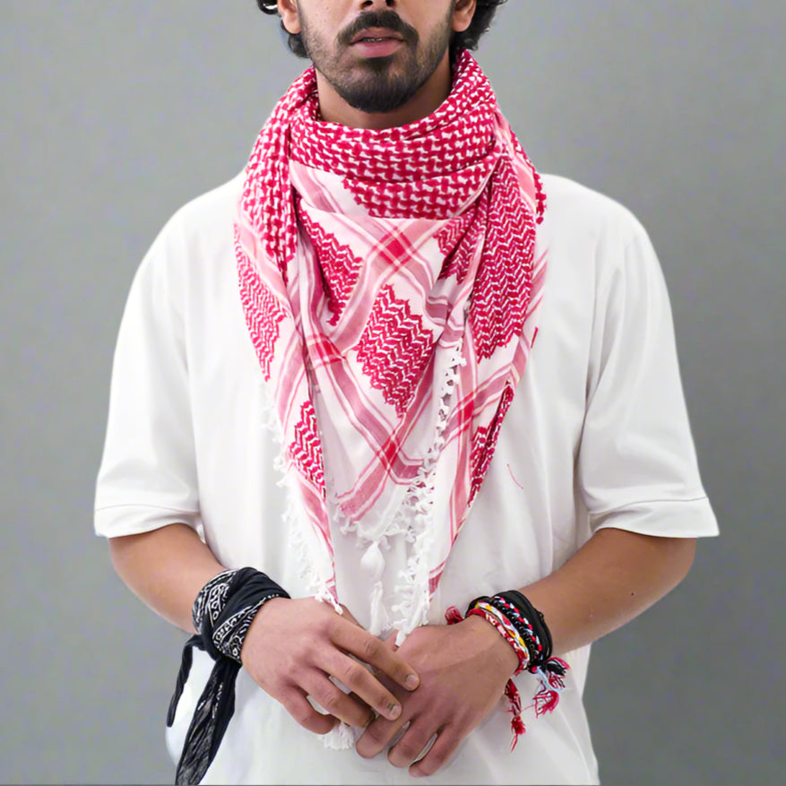 Man wearing Palestine red and white checkered scarf