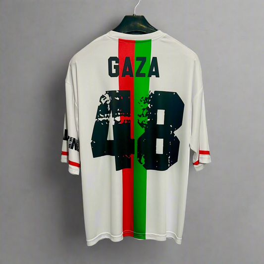 White Palestine shirt with 'Gaza' and number '43' printed 