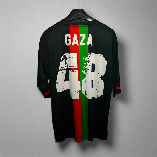 Black Palestine jersey with 'Gaza' and number '48' on a checkered background